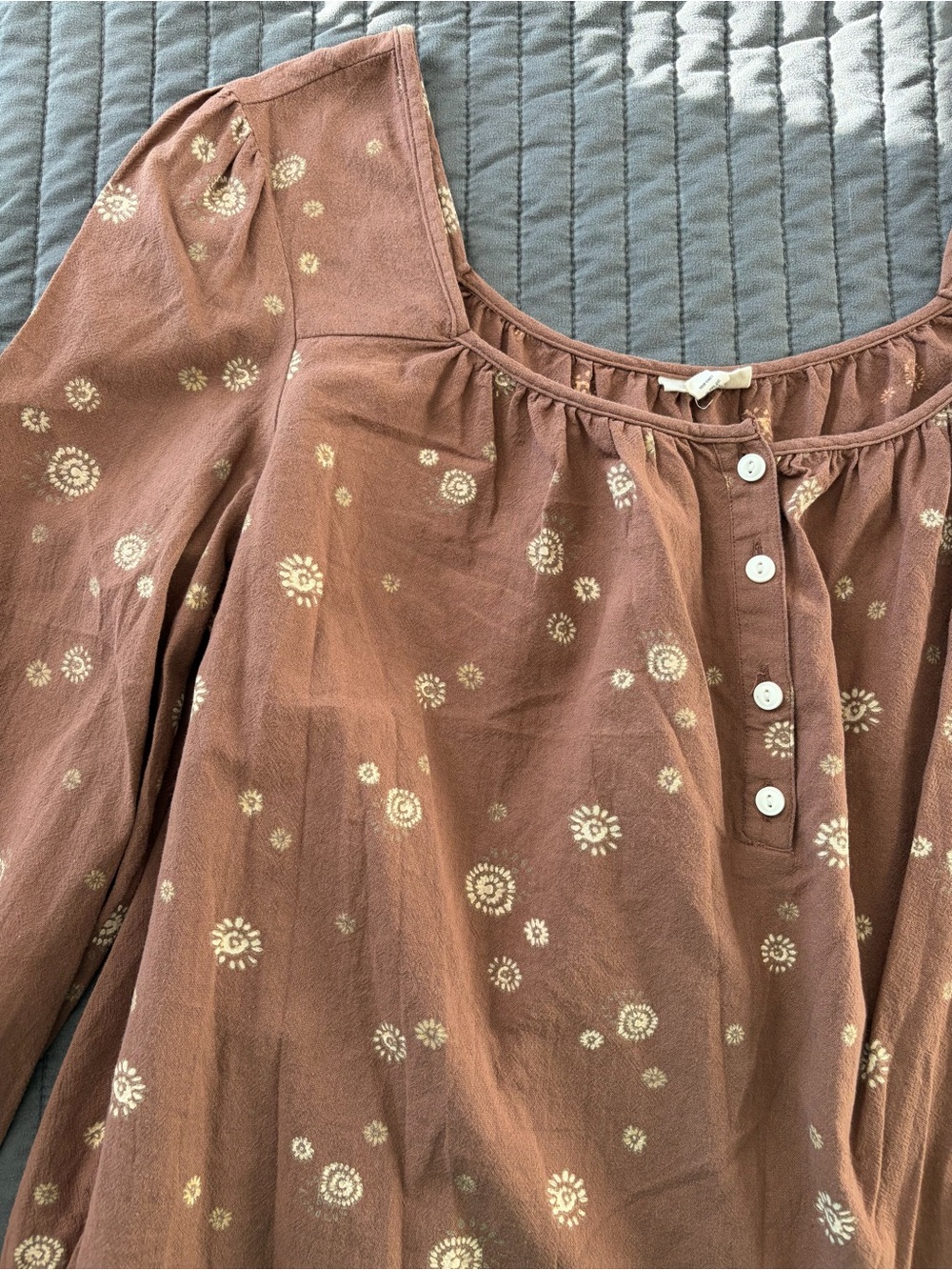 a.n.a Rust Boho Sunburst Print Square-Neck Balloon Sleeve Cotton Blouse Size L - Picture 6 of 11
